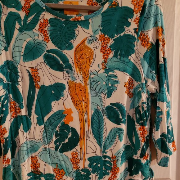 Ruby Rd. floral tropical with parrot, sz PXL 3/4 sleeve - Picture 3 of 5
